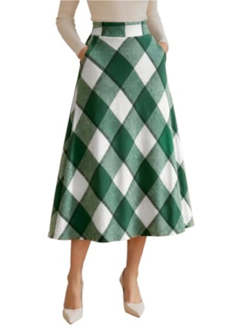 HERBATOMIA Women's Midi Plaid Skirt A-Line High Elastic Waist Vintage Flowy